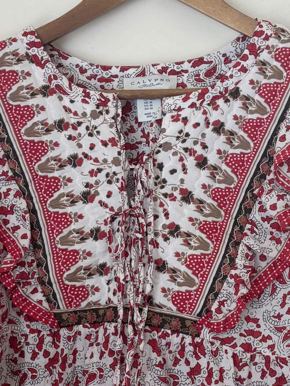 Calypso St Barth Red & Brown Block Print Cotton Blouse Medium Boho Summer - Picture 3 of 8